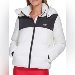 DKNY Women's Sport Colorblock Logo Puffer W/Removeable Hood